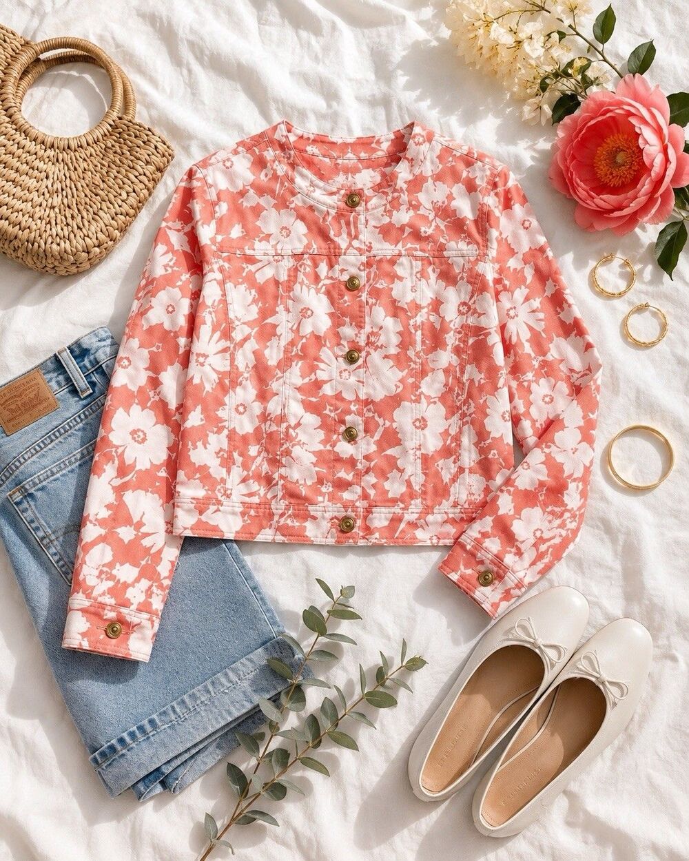 Hearts of Palm Coral Floral Stretch Denim Jacket Size 8